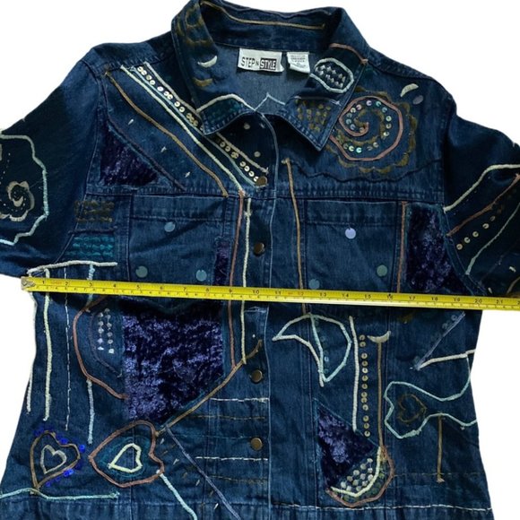 Boho Denim Trucker Jacket Womens XL Embellished Pockets Blue Jean Artsy Festival - Picture 9 of 11